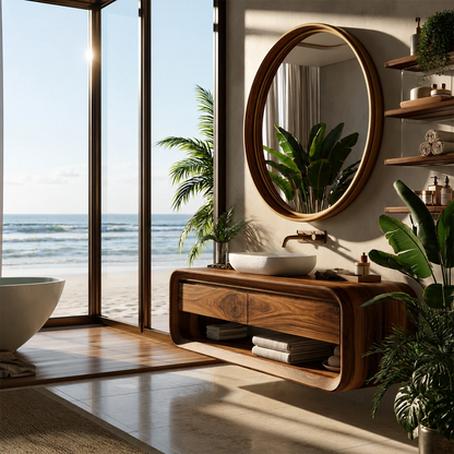 Organic Floating Bathroom Vanity With Rounded Wood Frame & Open Storage - Livewoodcraft