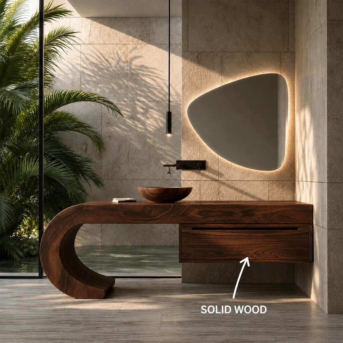 Organic Floating Bathroom Vanity With Sculptural Curved Wood Base - Livewoodcraft - 10