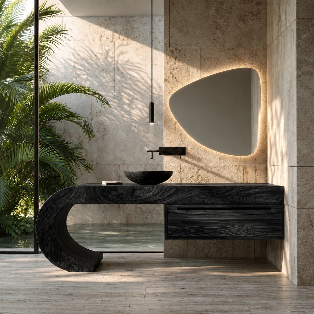 Organic Floating Bathroom Vanity With Sculptural Curved Wood Base - Livewoodcraft - 3