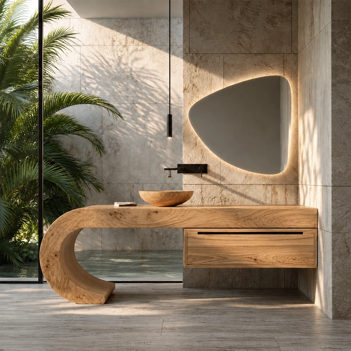 Organic Floating Bathroom Vanity With Sculptural Curved Wood Base - Livewoodcraft - 4