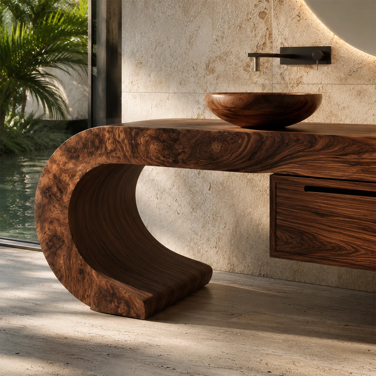 Organic Floating Bathroom Vanity With Sculptural Curved Wood Base - Livewoodcraft - 5