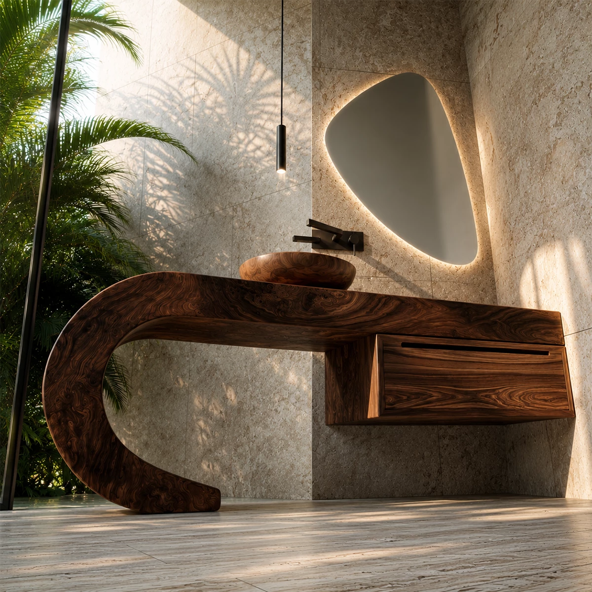 Organic Floating Bathroom Vanity With Sculptural Curved Wood Base - Livewoodcraft - 6