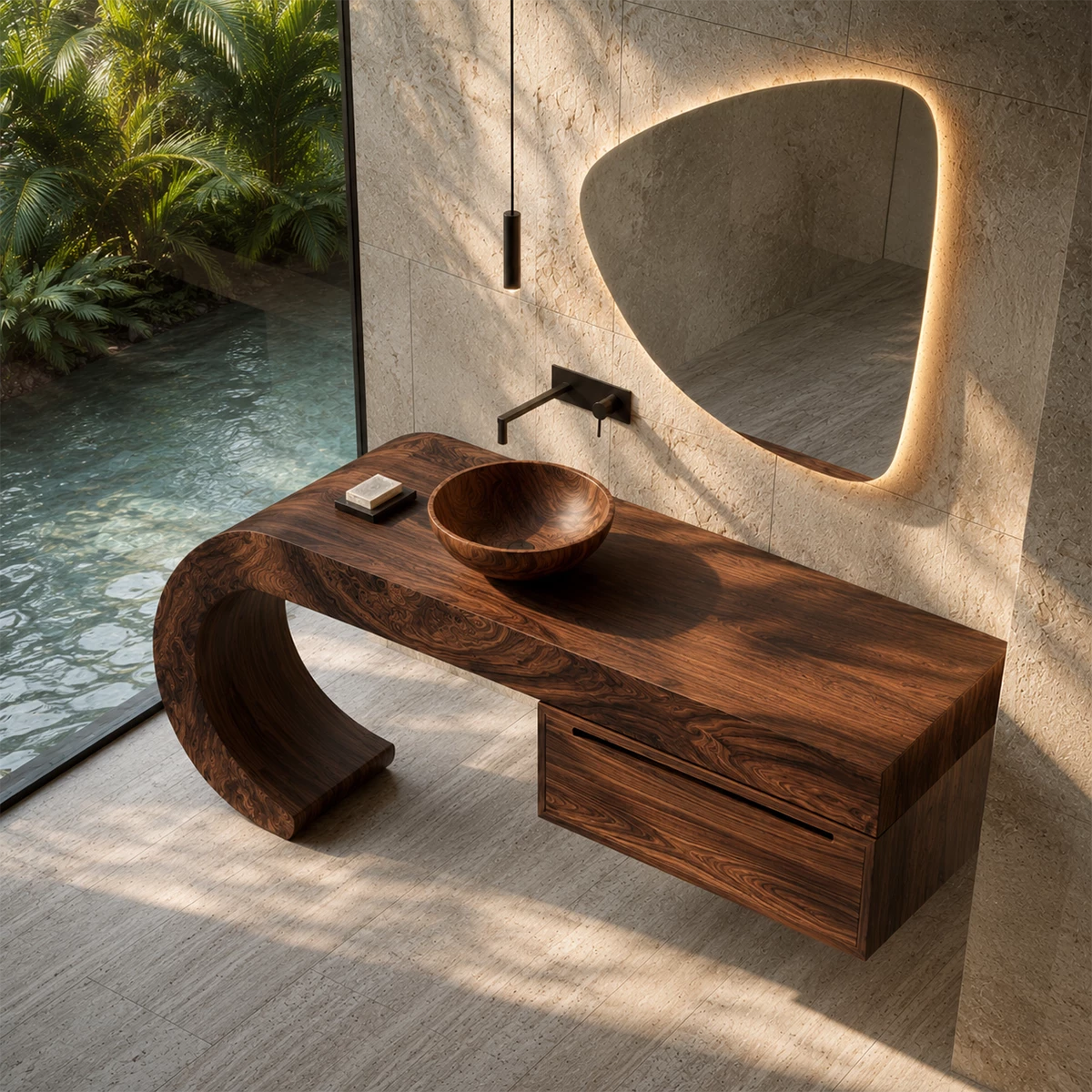 Organic Floating Bathroom Vanity With Sculptural Curved Wood Base - Livewoodcraft - 7