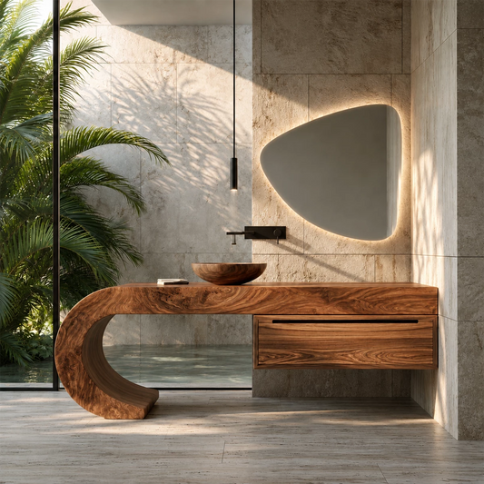 Organic Floating Bathroom Vanity With Sculptural Curved Wood Base - Livewoodcraft