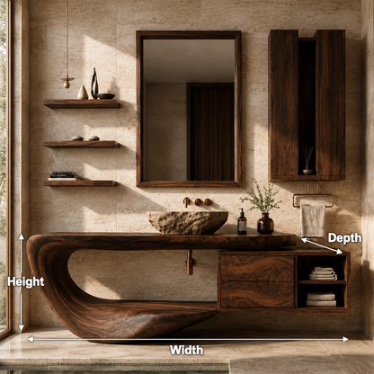 Organic Floating Bathroom Vanity With Sculptural Curved Wood Base & Wall Storage - Livewoodcraft - 11