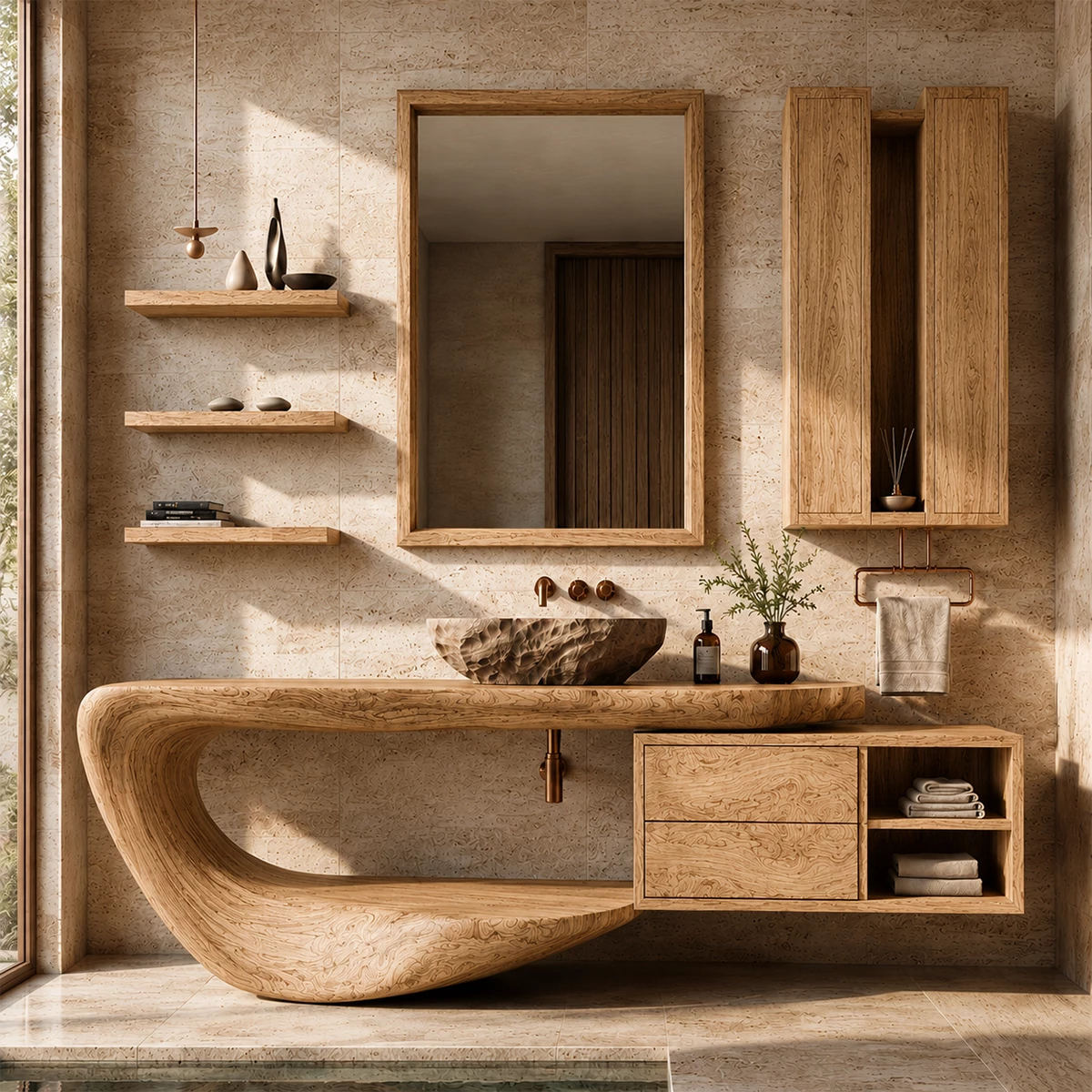Organic Floating Bathroom Vanity With Sculptural Curved Wood Base & Wall Storage - Livewoodcraft - 2