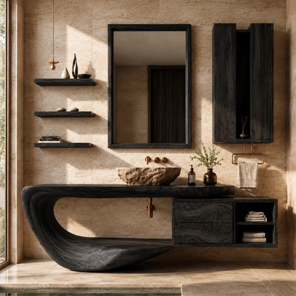 Organic Floating Bathroom Vanity With Sculptural Curved Wood Base & Wall Storage - Livewoodcraft - 3