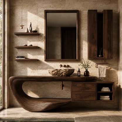 Organic Floating Bathroom Vanity With Sculptural Curved Wood Base & Wall Storage - Livewoodcraft - 4