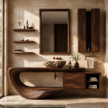 Organic Floating Bathroom Vanity With Sculptural Curved Wood Base & Wall Storage - Livewoodcraft - 5