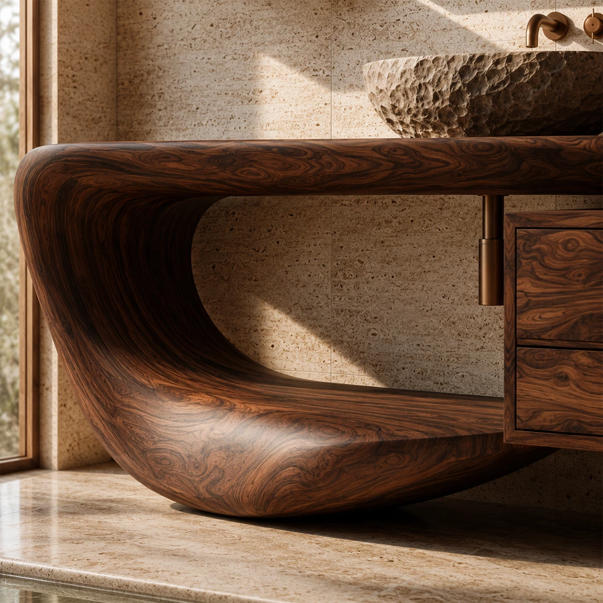 Organic Floating Bathroom Vanity With Sculptural Curved Wood Base & Wall Storage - Livewoodcraft - 6