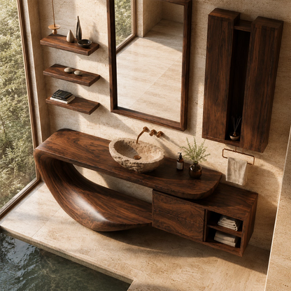 Organic Floating Bathroom Vanity With Sculptural Curved Wood Base & Wall Storage - Livewoodcraft - 7