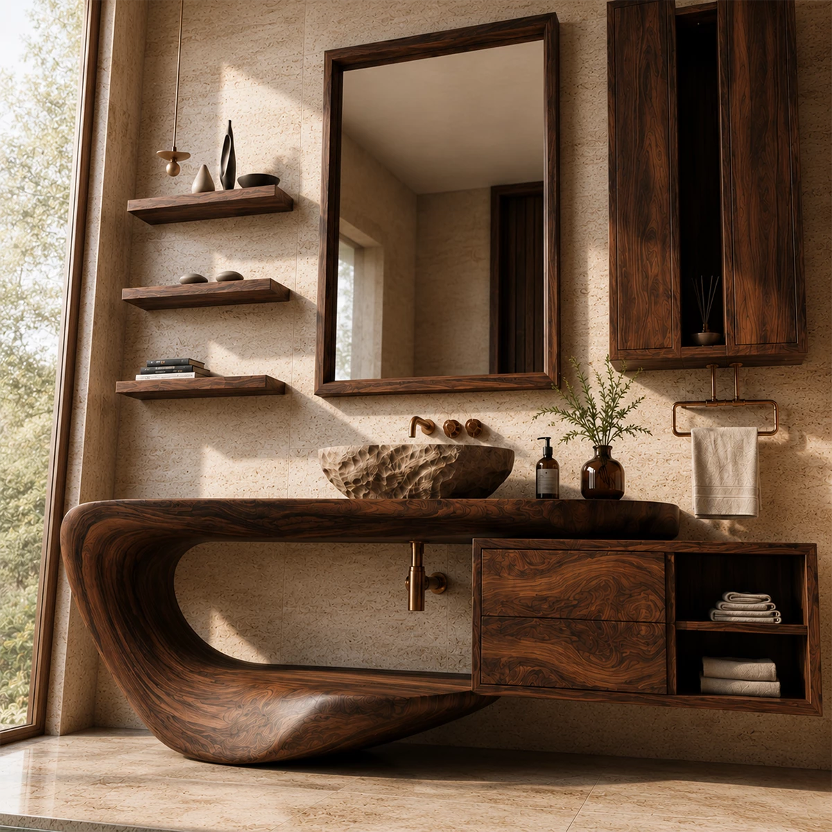 Organic Floating Bathroom Vanity With Sculptural Curved Wood Base & Wall Storage - Livewoodcraft - 8