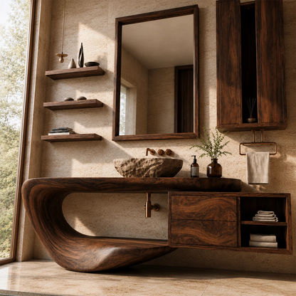 Organic Floating Bathroom Vanity With Sculptural Curved Wood Base & Wall Storage - Livewoodcraft - 8
