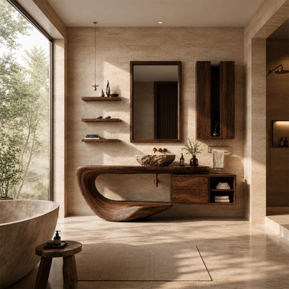 Organic Floating Bathroom Vanity With Sculptural Curved Wood Base & Wall Storage - Livewoodcraft - 9