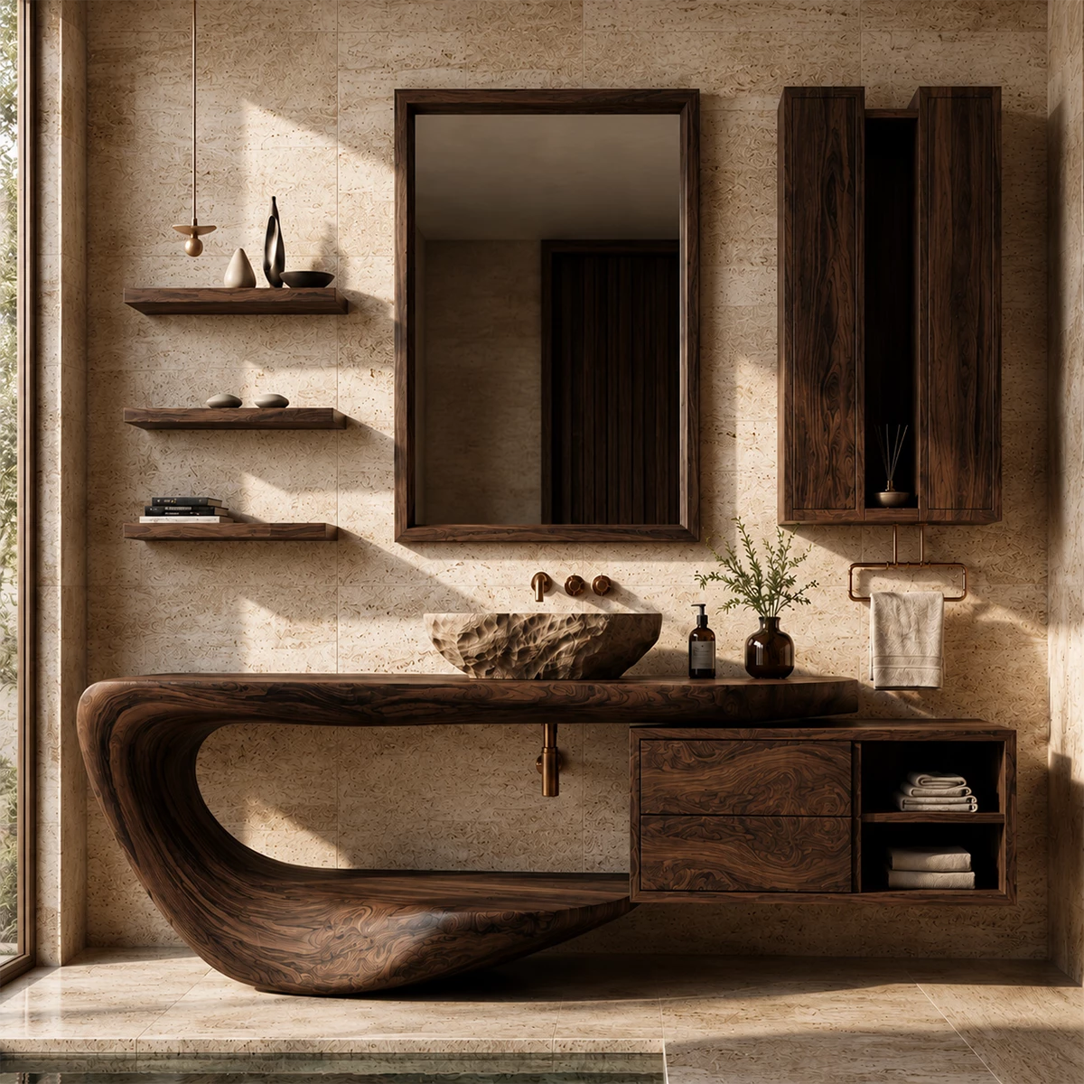 Organic Floating Bathroom Vanity With Sculptural Curved Wood Base & Wall Storage - Livewoodcraft