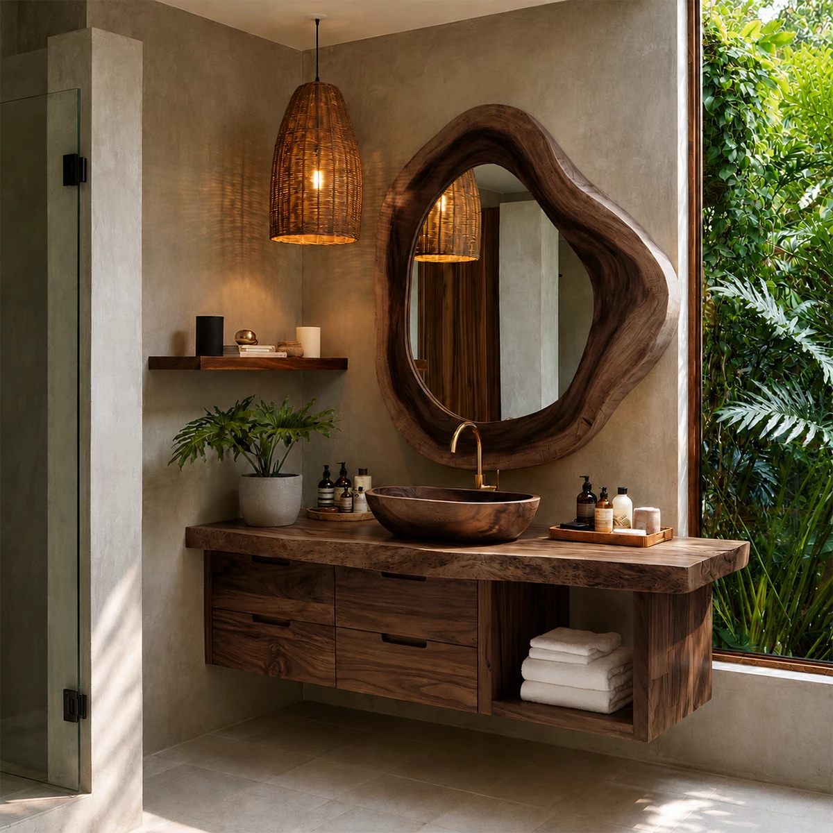 Organic Floating Bathroom Vanity With Sculptural Wood Mirror & Open Storage - Livewoodcraft - 2