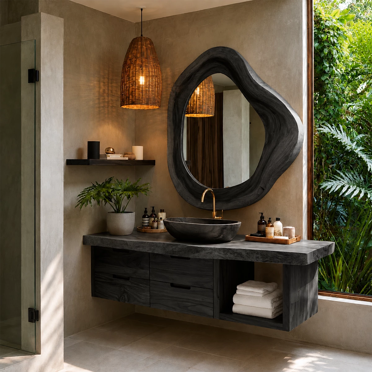 Organic Floating Bathroom Vanity With Sculptural Wood Mirror & Open Storage - Livewoodcraft - 3