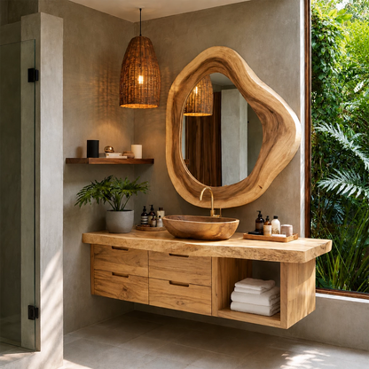 Organic Floating Bathroom Vanity With Sculptural Wood Mirror & Open Storage - Livewoodcraft - 4