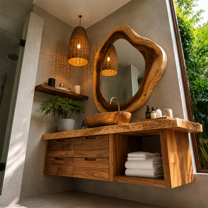 Organic Floating Bathroom Vanity With Sculptural Wood Mirror & Open Storage - Livewoodcraft - 5