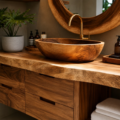 Organic Floating Bathroom Vanity With Sculptural Wood Mirror & Open Storage - Livewoodcraft - 6
