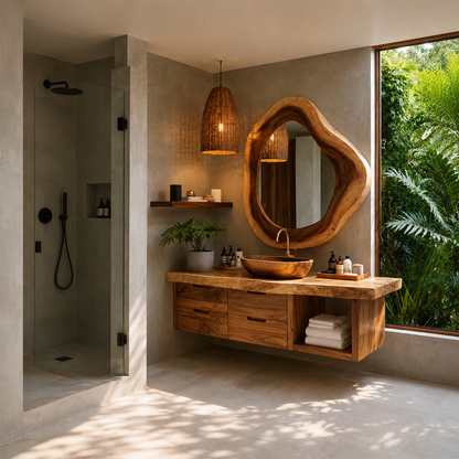 Organic Floating Bathroom Vanity With Sculptural Wood Mirror & Open Storage - Livewoodcraft - 7