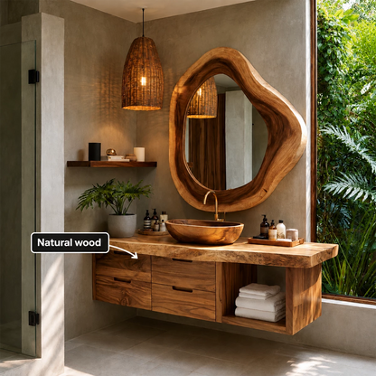 Organic Floating Bathroom Vanity With Sculptural Wood Mirror & Open Storage - Livewoodcraft - 8