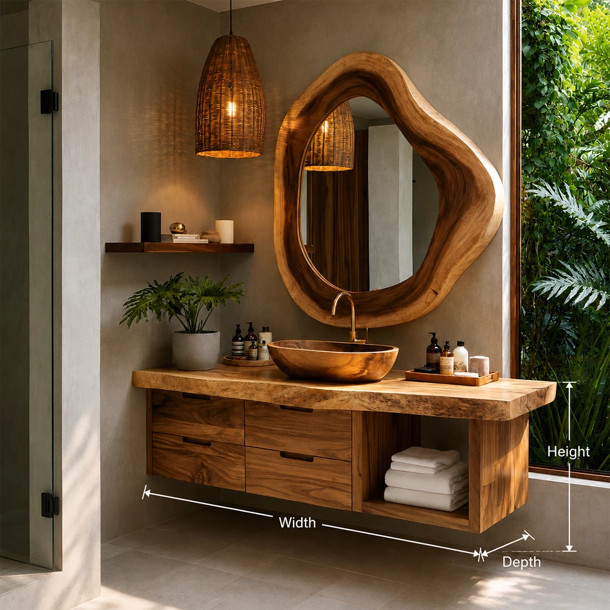 Organic Floating Bathroom Vanity With Sculptural Wood Mirror & Open Storage - Livewoodcraft - 9