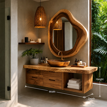 Organic Floating Bathroom Vanity With Sculptural Wood Mirror & Open Storage - Livewoodcraft - 9
