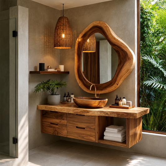 Organic Floating Bathroom Vanity With Sculptural Wood Mirror & Open Storage - Livewoodcraft