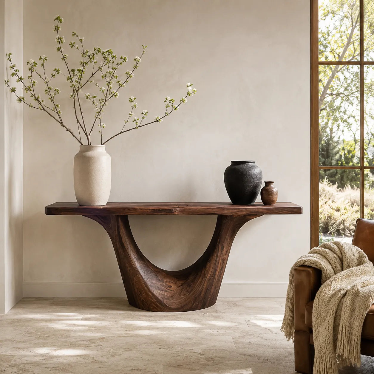 Organic Natural Solid Wood Console Table with Sculptural Open Base - Livewoodcraft - 5