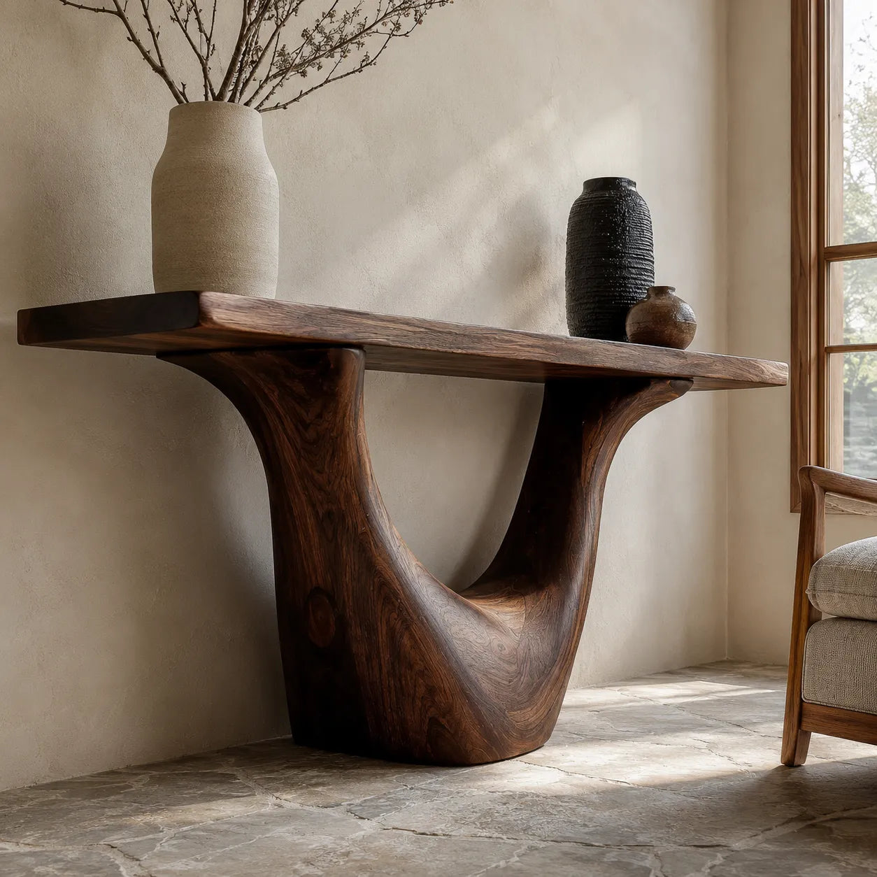 Organic Natural Solid Wood Console Table with Sculptural Open Base - Livewoodcraft - 7