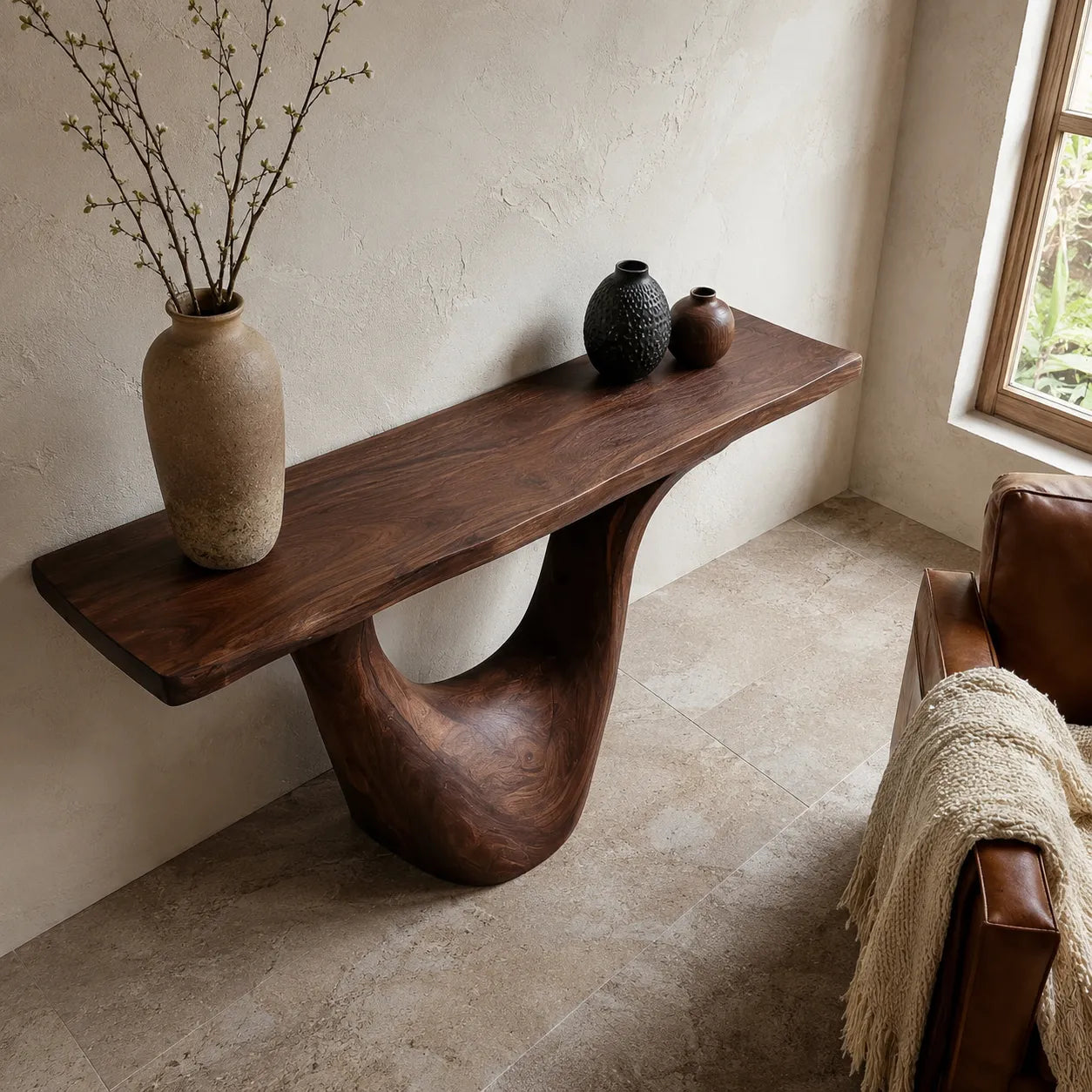 Organic Natural Solid Wood Console Table with Sculptural Open Base - Livewoodcraft - 8