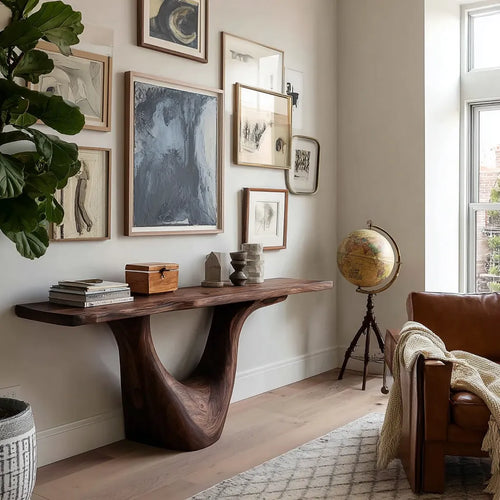 Organic Natural Solid Wood Console Table with Sculptural Open Base - Livewoodcraft