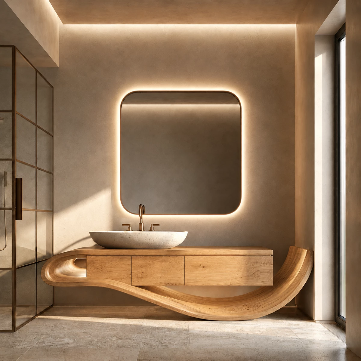 Organic Solid Wood Bathroom Vanity With Sculptural Wave Base - Livewoodcraft - 3
