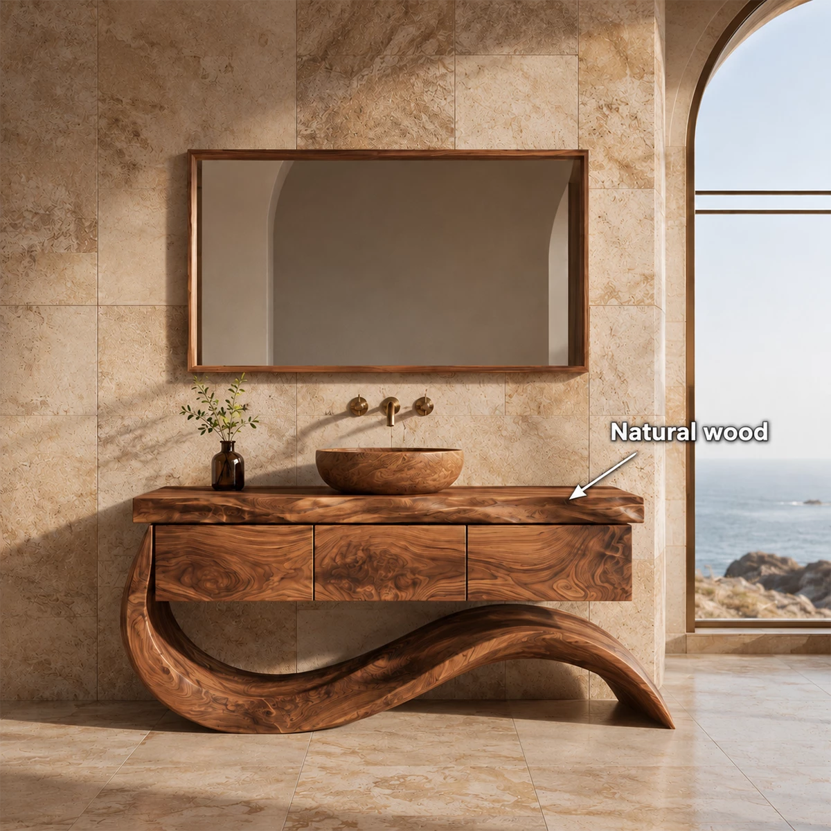 Organic Solid Wood Bathroom Vanity With Wave Sculptural Base - Livewoodcraft - 11