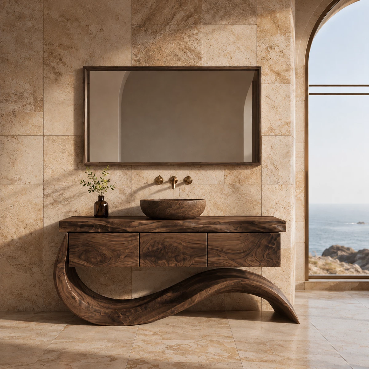 Organic Solid Wood Bathroom Vanity With Wave Sculptural Base - Livewoodcraft - 3