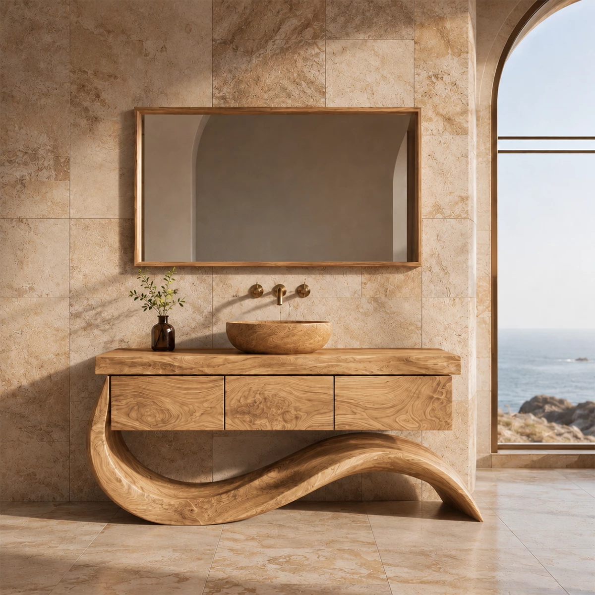 Organic Solid Wood Bathroom Vanity With Wave Sculptural Base - Livewoodcraft - 4