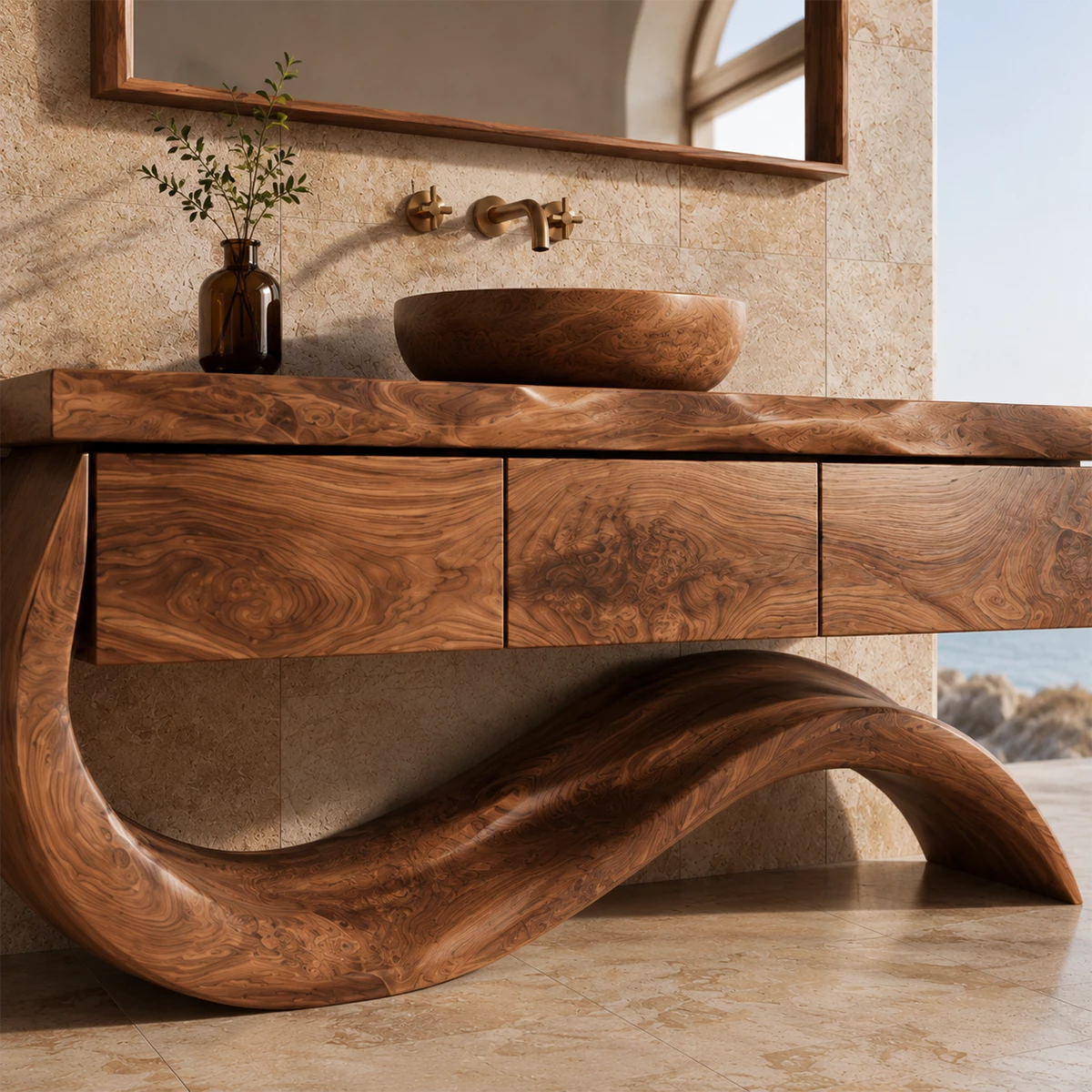 Organic Solid Wood Bathroom Vanity With Wave Sculptural Base - Livewoodcraft - 5