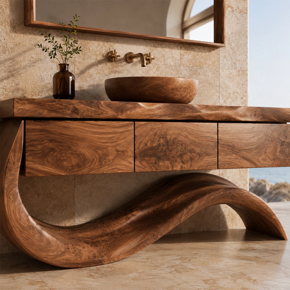 Organic Solid Wood Bathroom Vanity With Wave Sculptural Base - Livewoodcraft - 5