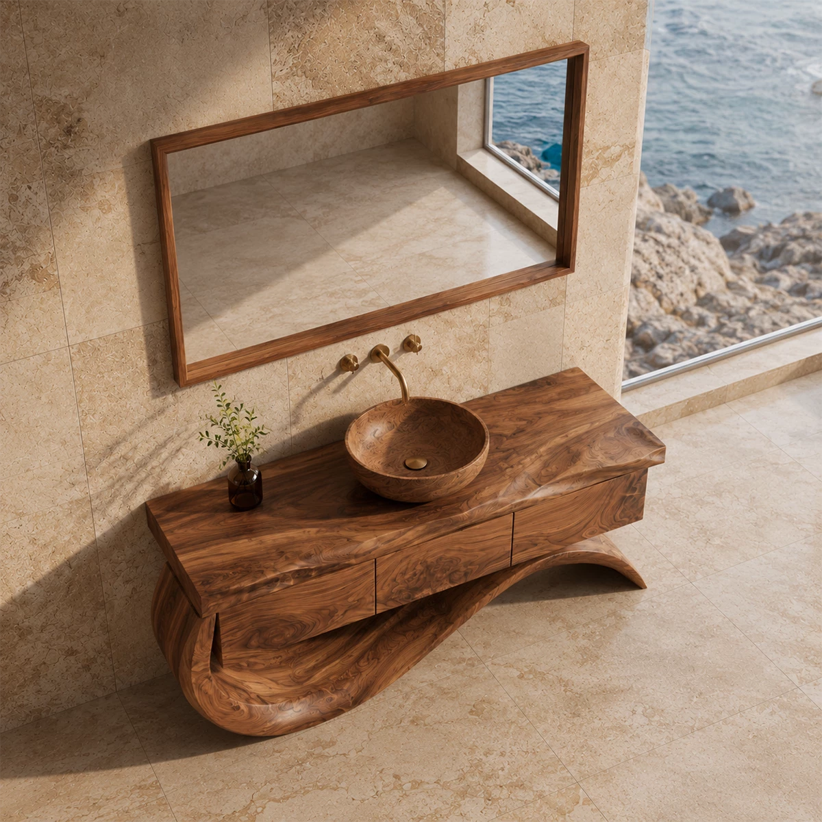 Organic Solid Wood Bathroom Vanity With Wave Sculptural Base - Livewoodcraft - 6