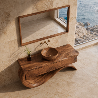 Organic Solid Wood Bathroom Vanity With Wave Sculptural Base - Livewoodcraft - 6