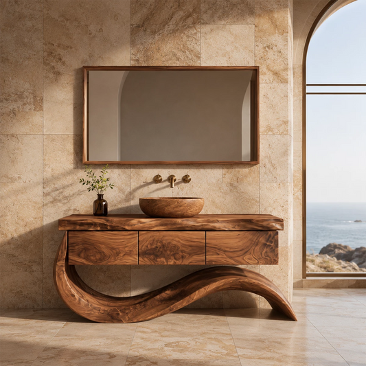 Organic Solid Wood Bathroom Vanity With Wave Sculptural Base - Livewoodcraft