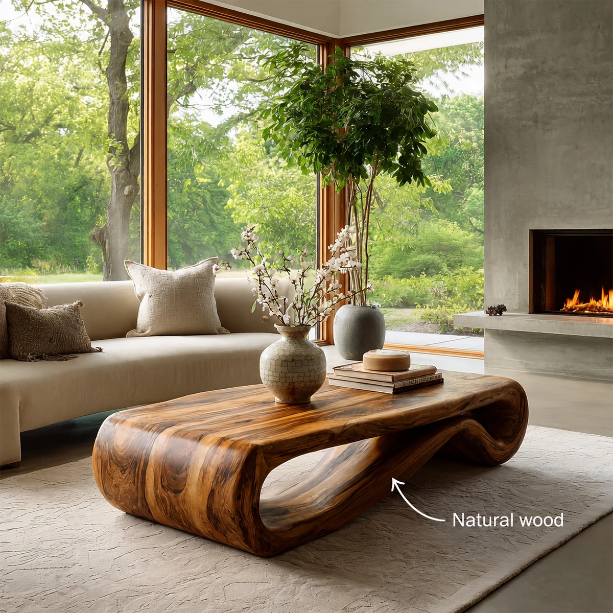 Organic Solid Wood Coffee Table With Curved Waterfall Base And Natural Wood Grain For Modern Living Room - Livewoodcraft - 10