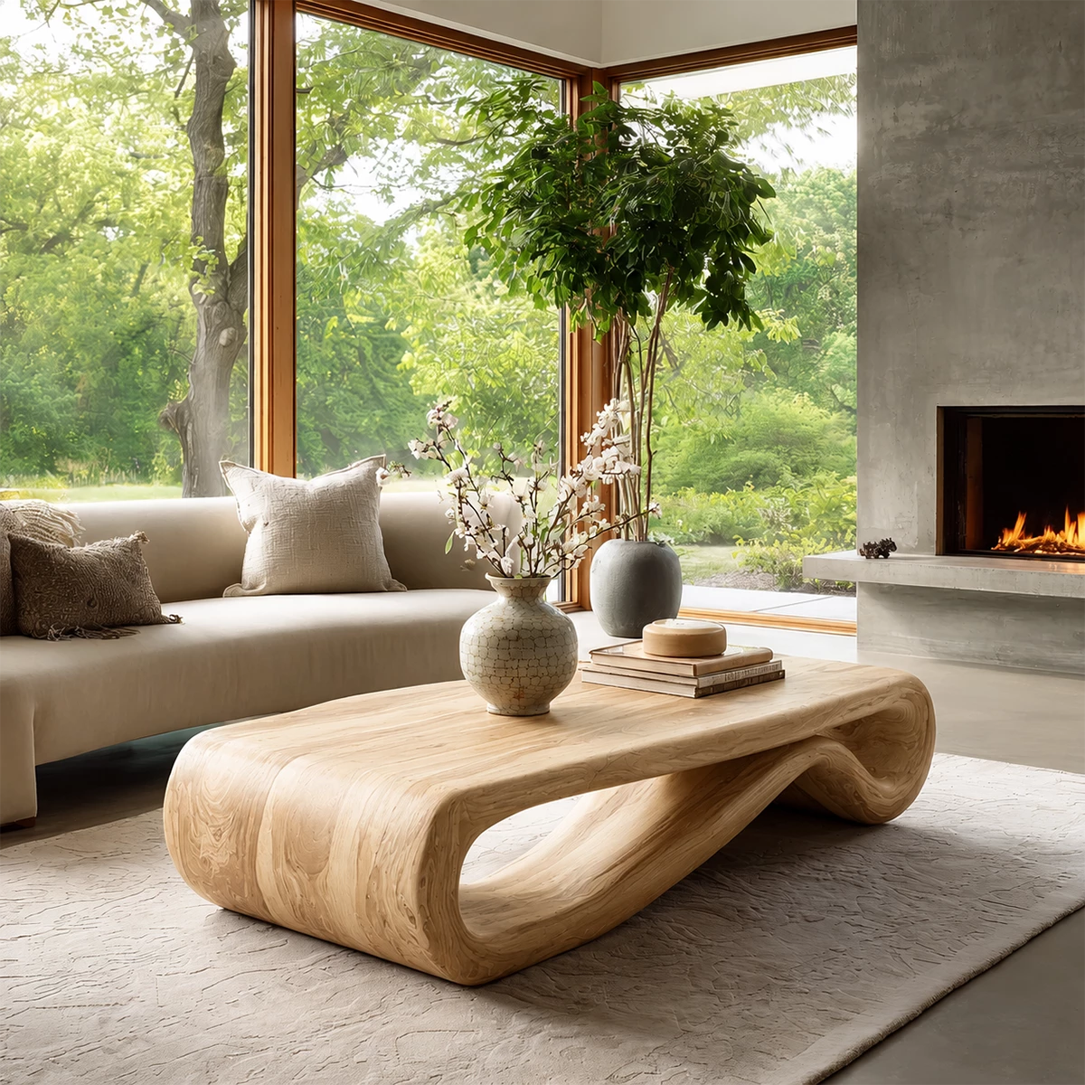 Organic Solid Wood Coffee Table With Curved Waterfall Base And Natural Wood Grain For Modern Living Room - Livewoodcraft - 4