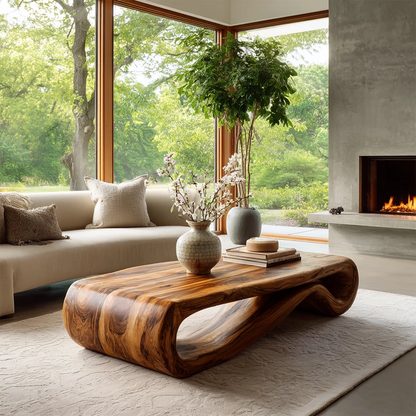 Organic Solid Wood Coffee Table With Curved Waterfall Base And Natural Wood Grain For Modern Living Room - Livewoodcraft - 5