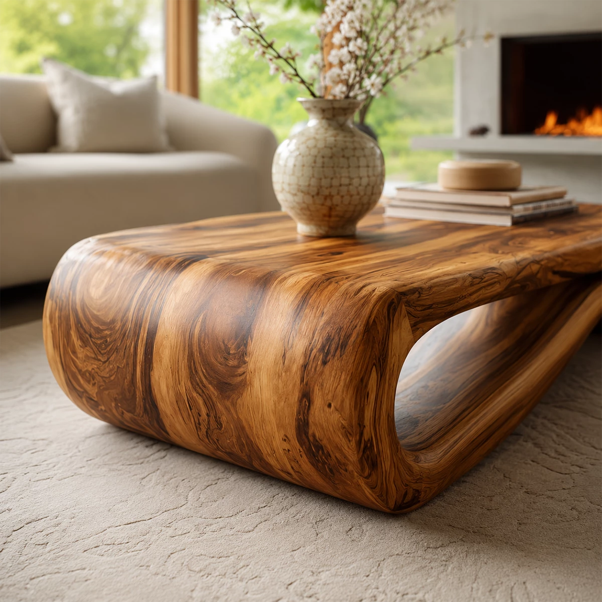 Organic Solid Wood Coffee Table With Curved Waterfall Base And Natural Wood Grain For Modern Living Room - Livewoodcraft - 6