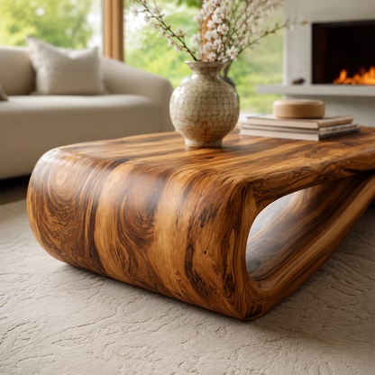 Organic Solid Wood Coffee Table With Curved Waterfall Base And Natural Wood Grain For Modern Living Room - Livewoodcraft - 6