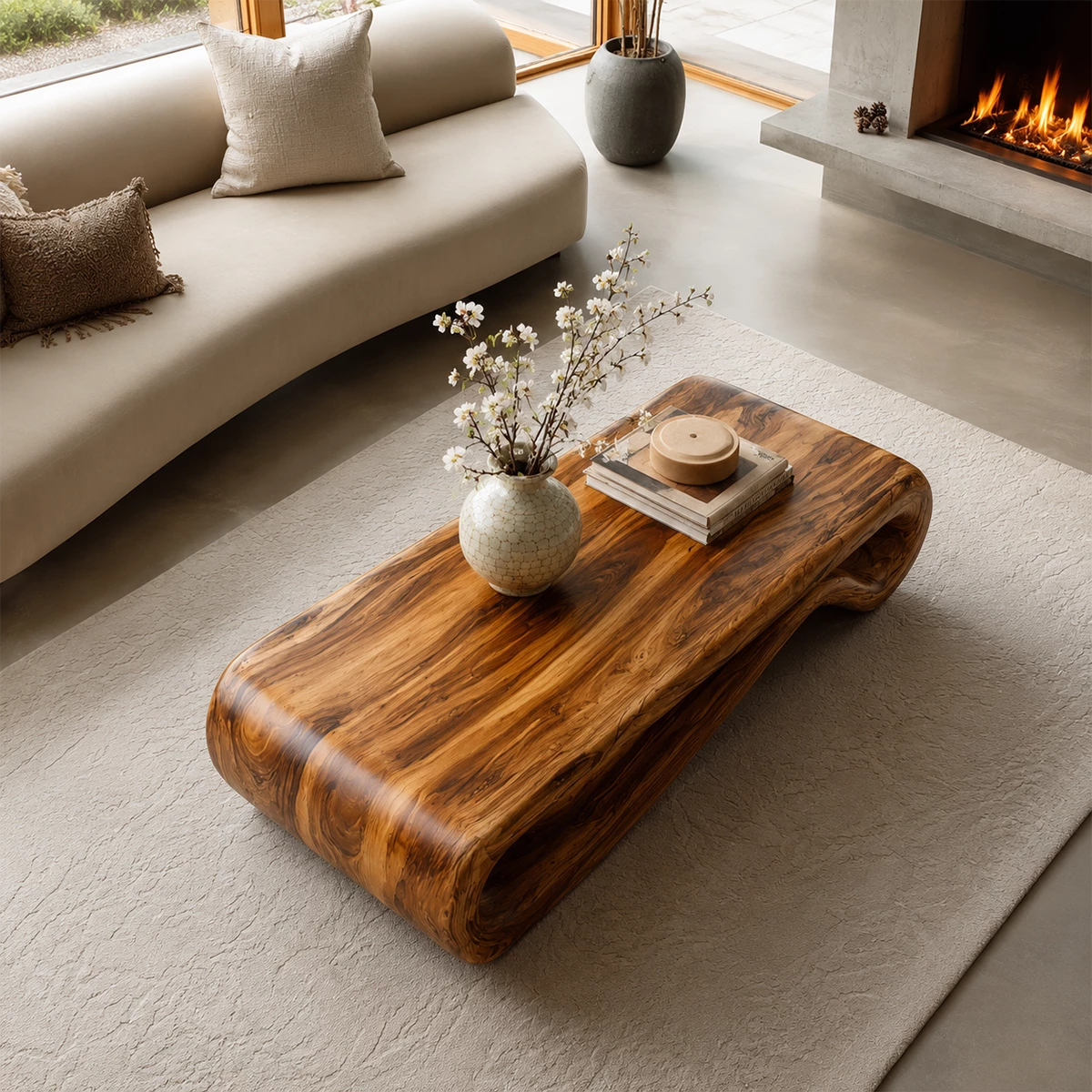 Organic Solid Wood Coffee Table With Curved Waterfall Base And Natural Wood Grain For Modern Living Room - Livewoodcraft - 7