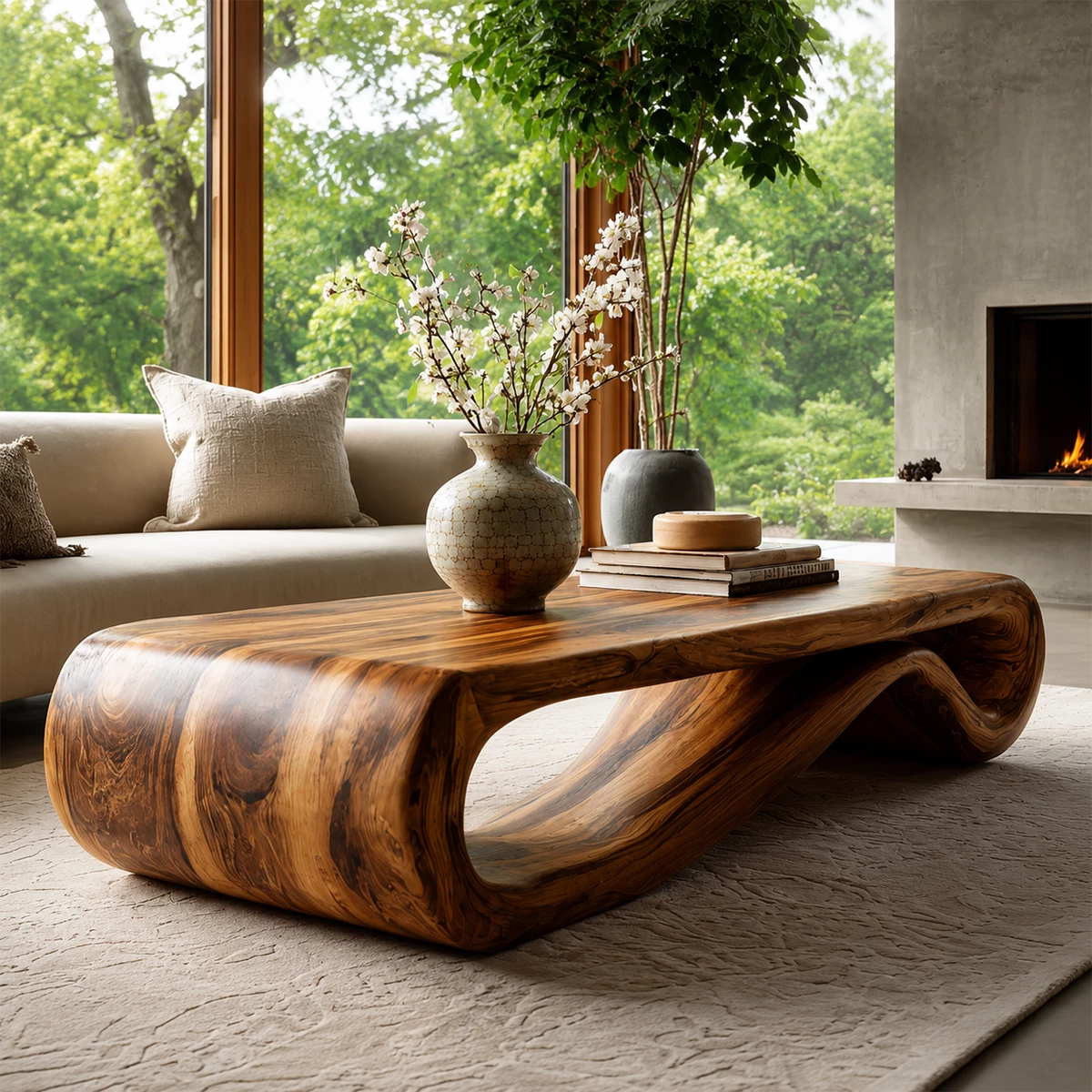 Organic Solid Wood Coffee Table With Curved Waterfall Base And Natural Wood Grain For Modern Living Room - Livewoodcraft - 8