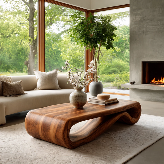 Organic Solid Wood Coffee Table With Curved Waterfall Base And Natural Wood Grain For Modern Living Room - Livewoodcraft